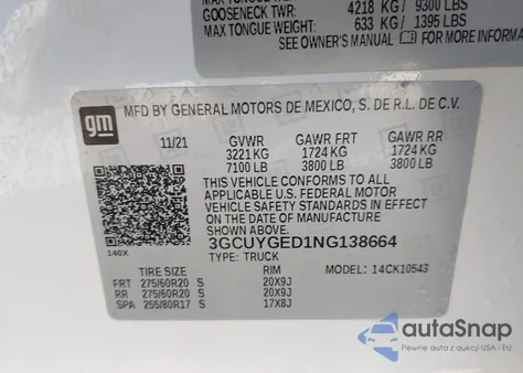 2022 Chevrolet Silverado 1500 Ltd 4Wd Short Bed Ltz z USA, uszkodzony, nr VIN 3GCUYGED1NG138664